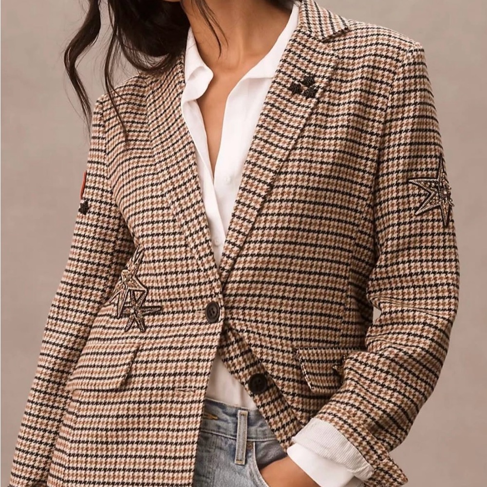 NWT Anthropologie Appliqué Women's Houndstooth Blazer with Gorgeous Beading L